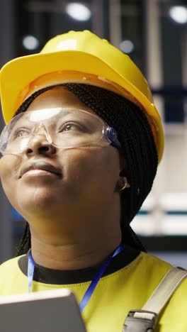 vertical video upbeat professional working in smart factory oversees robot production lines
