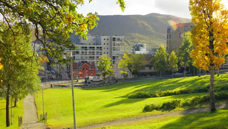 vibrant autumn colors in the city of tromso during sunny day in norway