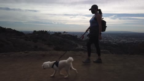 Mujer-Paseando-A-Una-Perra-En-El-Parque-Griffith,-En-La-Cima-De-La-Montaña-Sobre-El-Observatorio-Griffith