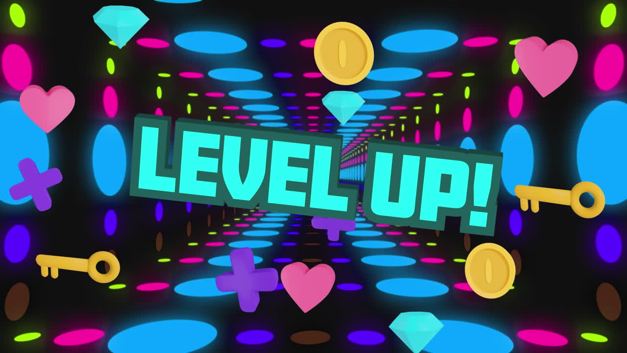 검은색 배경의 다채로운 모양 위에 아이콘으로 레벨 업 텍스트의 애니메이션