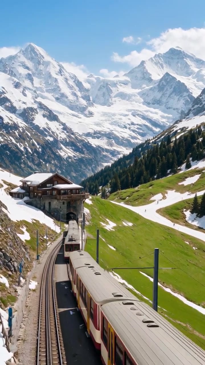Una vista aerea di un treno che viaggia attraverso un paesaggio pittoresco di montagne innevate e valli verdi lussureggianti, evocando un senso di tranquillità e bellezza naturale in un viaggio panoramico.