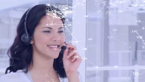 Animation-of-globe-with-network-of-connections-over-businesswoman-using-phone-headset