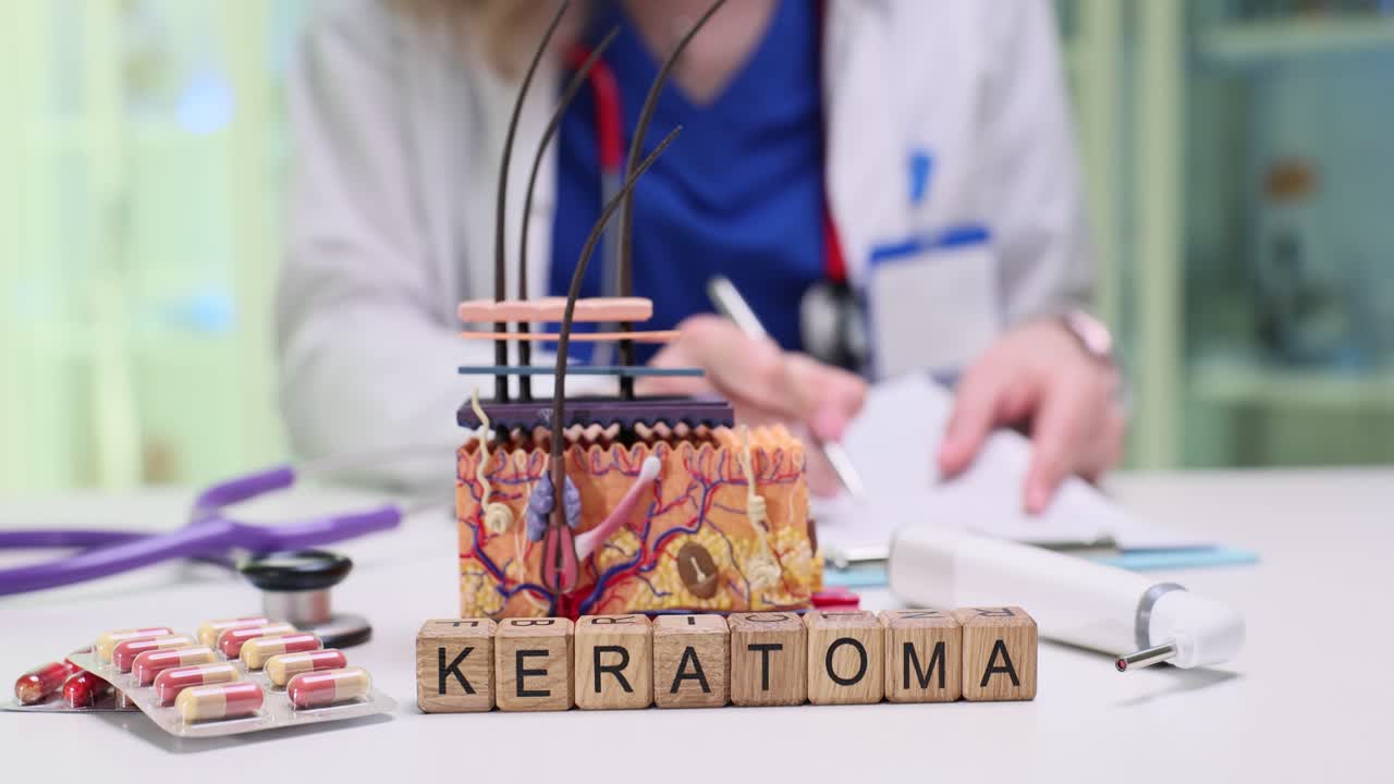 Medical model of human skin anatomy with 'KERATOMA' on display in a doctor's office