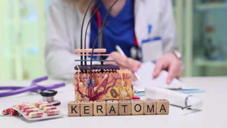 medical model of human skin anatomy with 'keratoma' on display in a doctor's office