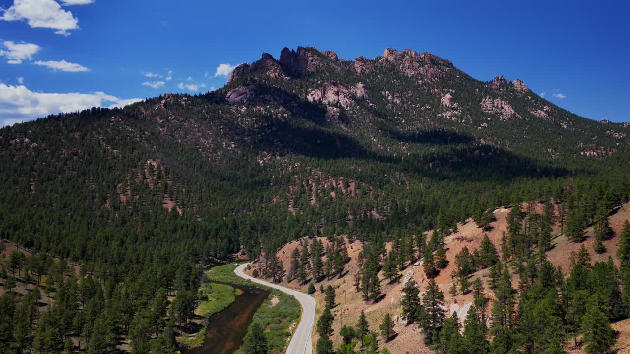 Summer Deckers South Platte River Conifer Pine aerial drone Colorado Trail Foxton North Fork Buffalo Creek Platte Canyon morning sunny blue sky Pike National Forest windy road upwards