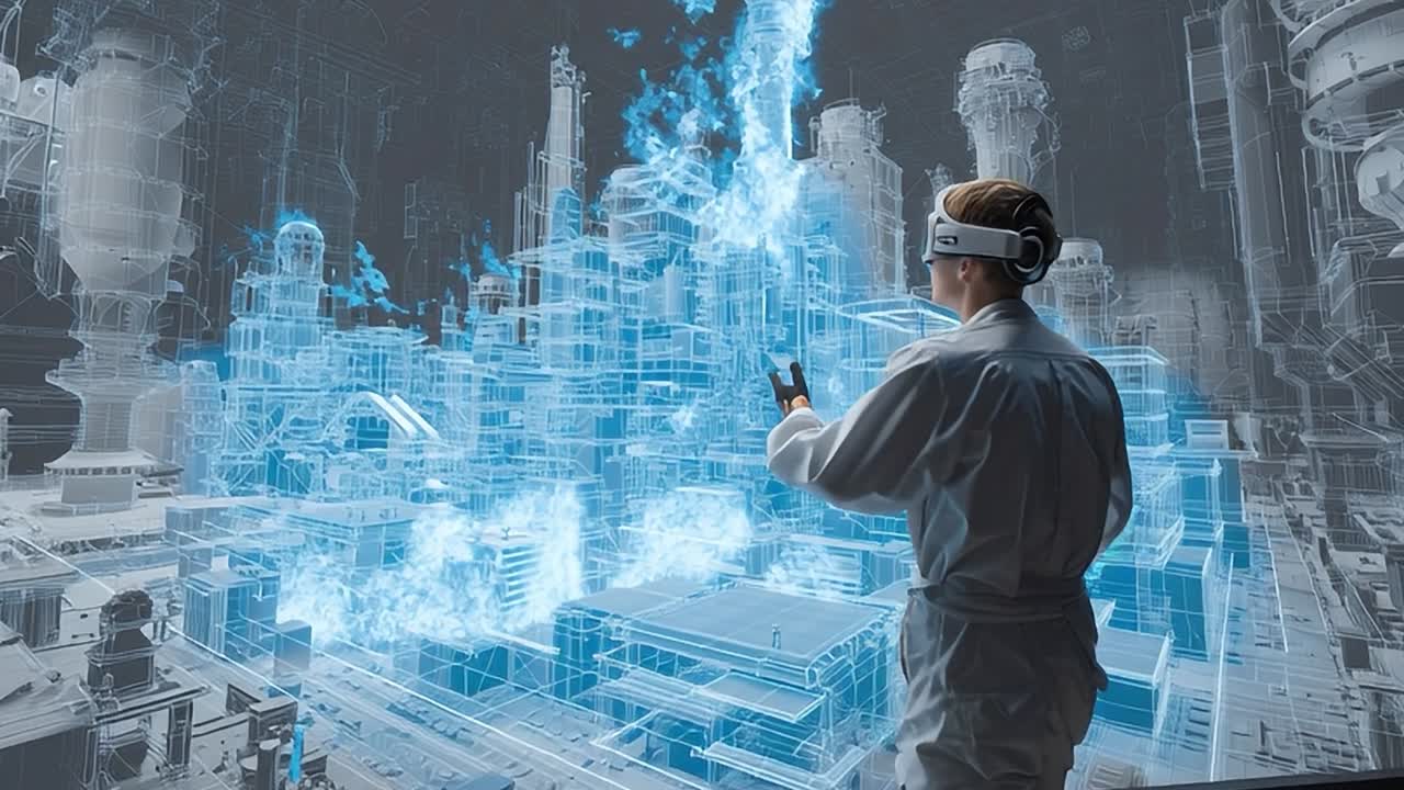 Scientist explores futuristic cityscape with augmented reality technology