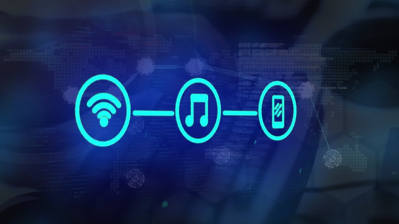 animação de rede de conexões com ícones e processamento de dados sobre mãos digitando no teclado
