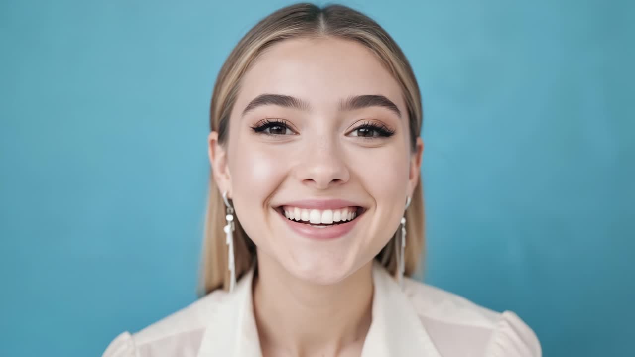 Professional businesswoman in white shirt and earrings, radiating joy, smiling brightly against blue studio backdrop, conveying confident, positive workplace attitude