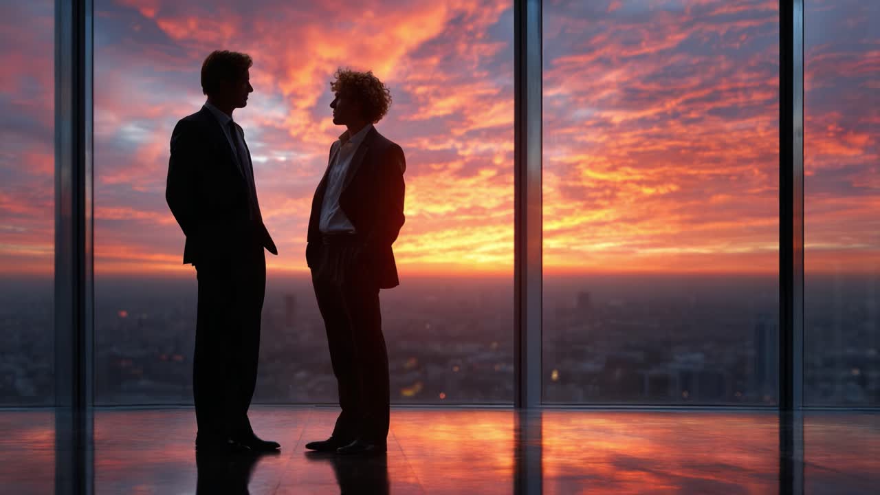 Due silhouette impegnate in una conversazione al tramonto, che mettono in risalto la connessione umana e il networking in un ambiente urbano