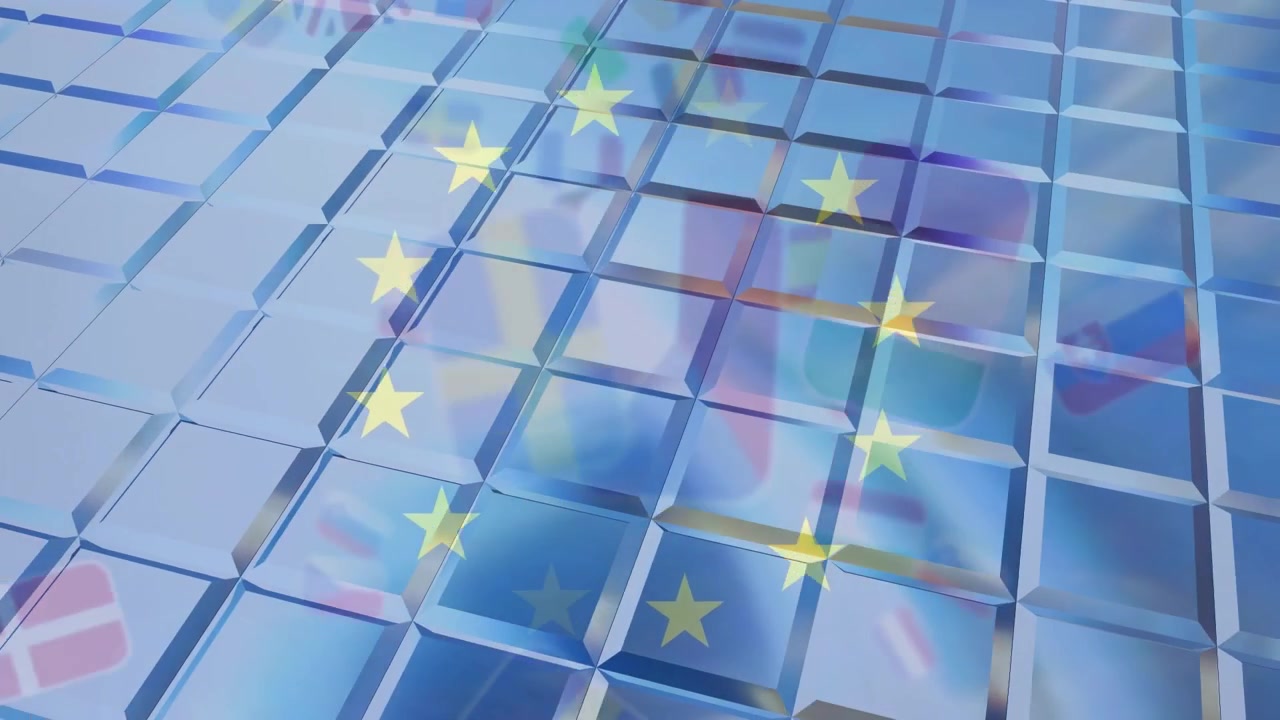 Bandiera dell'Unione Europea sovrapposta su uno sfondo astratto a griglia di vetro
