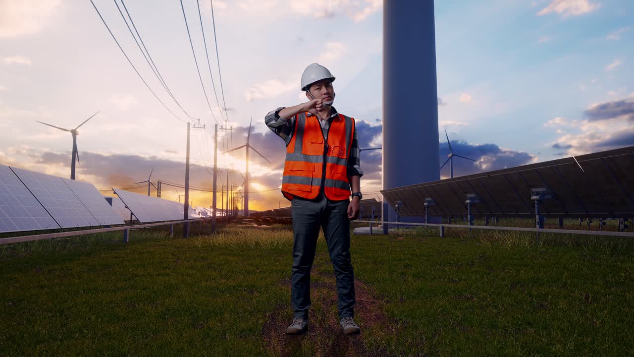 Full Body Of Asian Male Engineer With Safety Helmet Showing Thumbs Down Gesture And Shaking His Head While Standing With Solar Panel and Wind Turbines
