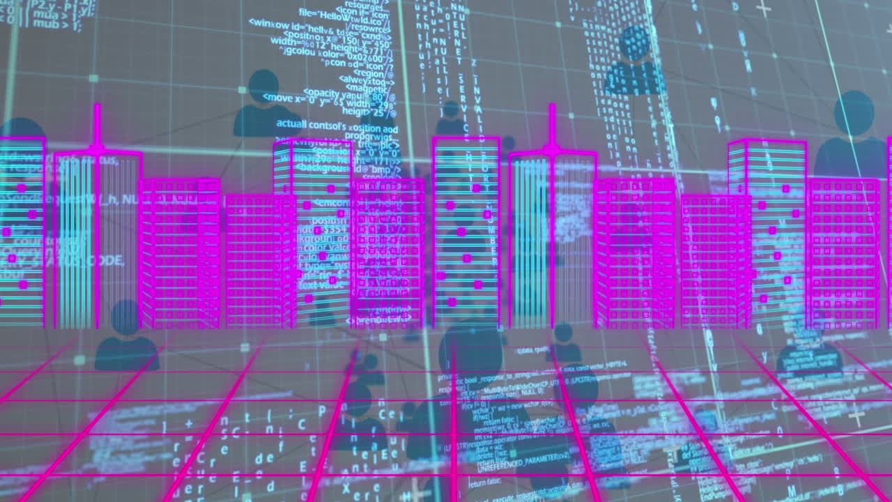 Animation of data processing with cityscape
