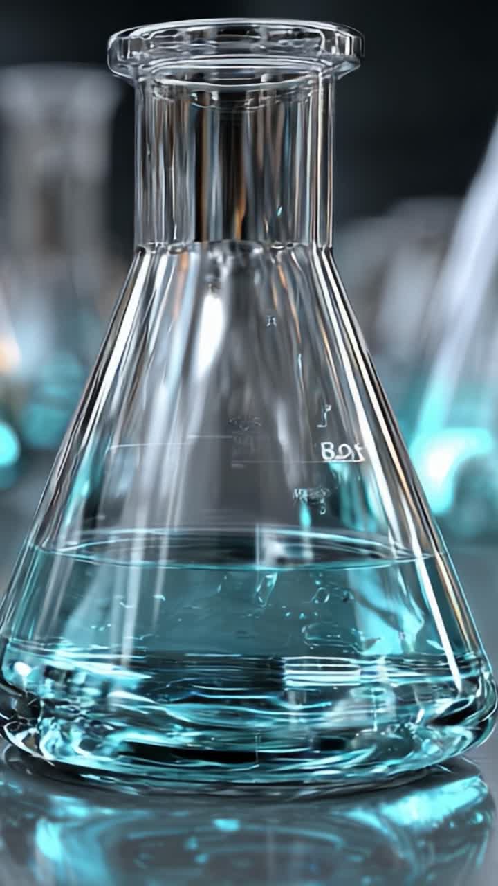 Una Vista Ravvicinata di una Beuta da Laboratorio Riempita con un Liquido Blu Brillante in un Contesto Sperimentale Moderno, che Illustra Concetti di Scienza e Chimica