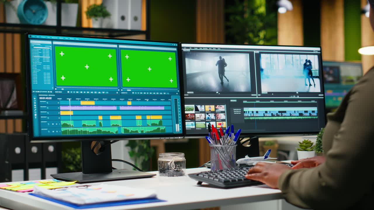 Chroma key with professional editor working in video production at agency office