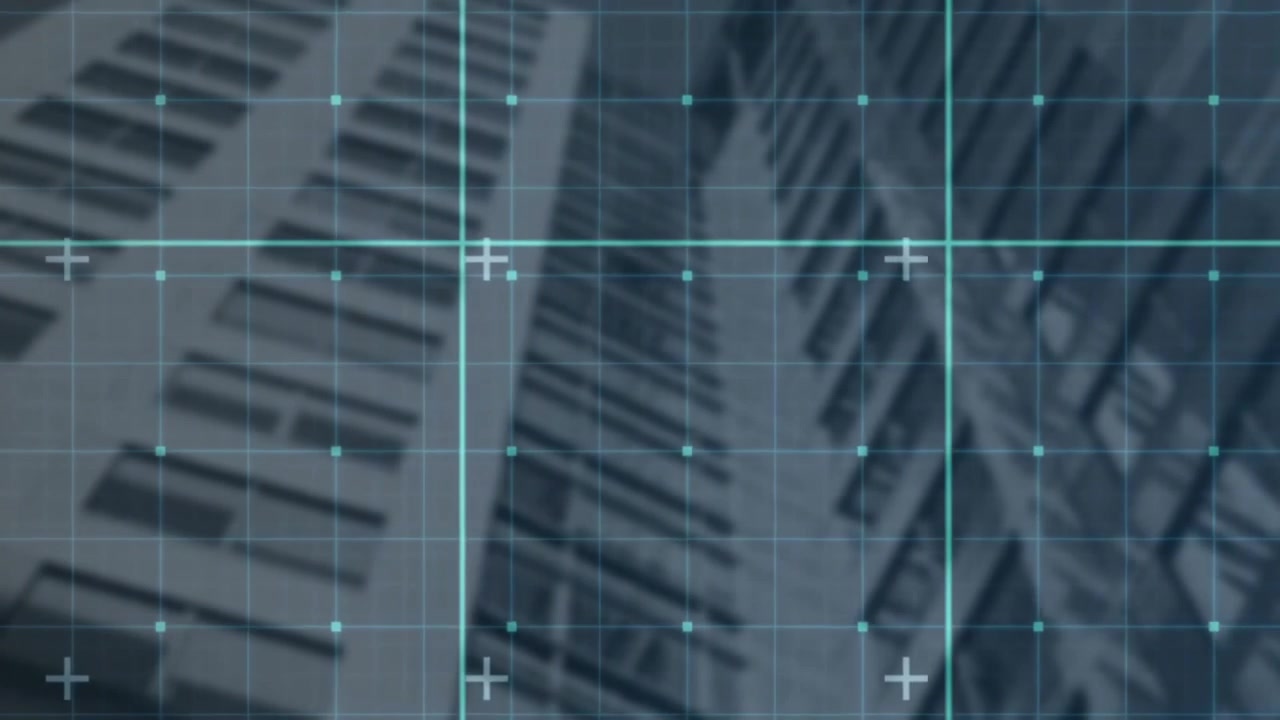 Turquoise grid overlaying blurred building facade, showing square nodes plus markers in flat design