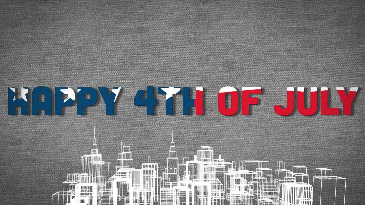 Independence Day text over 3D city model in background