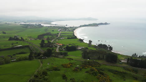 Scenic-seaside-landscape-Karitane-and-Huriawa-of-South-Island,-New-Zealand,-aerial