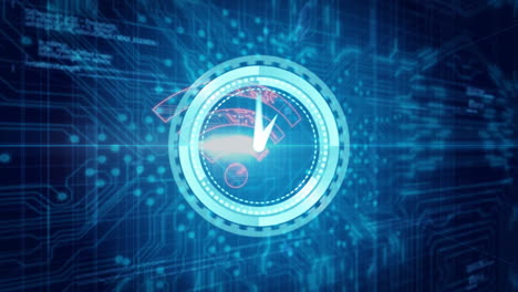 digital clock animation on blue tech background with futuristic data patterns