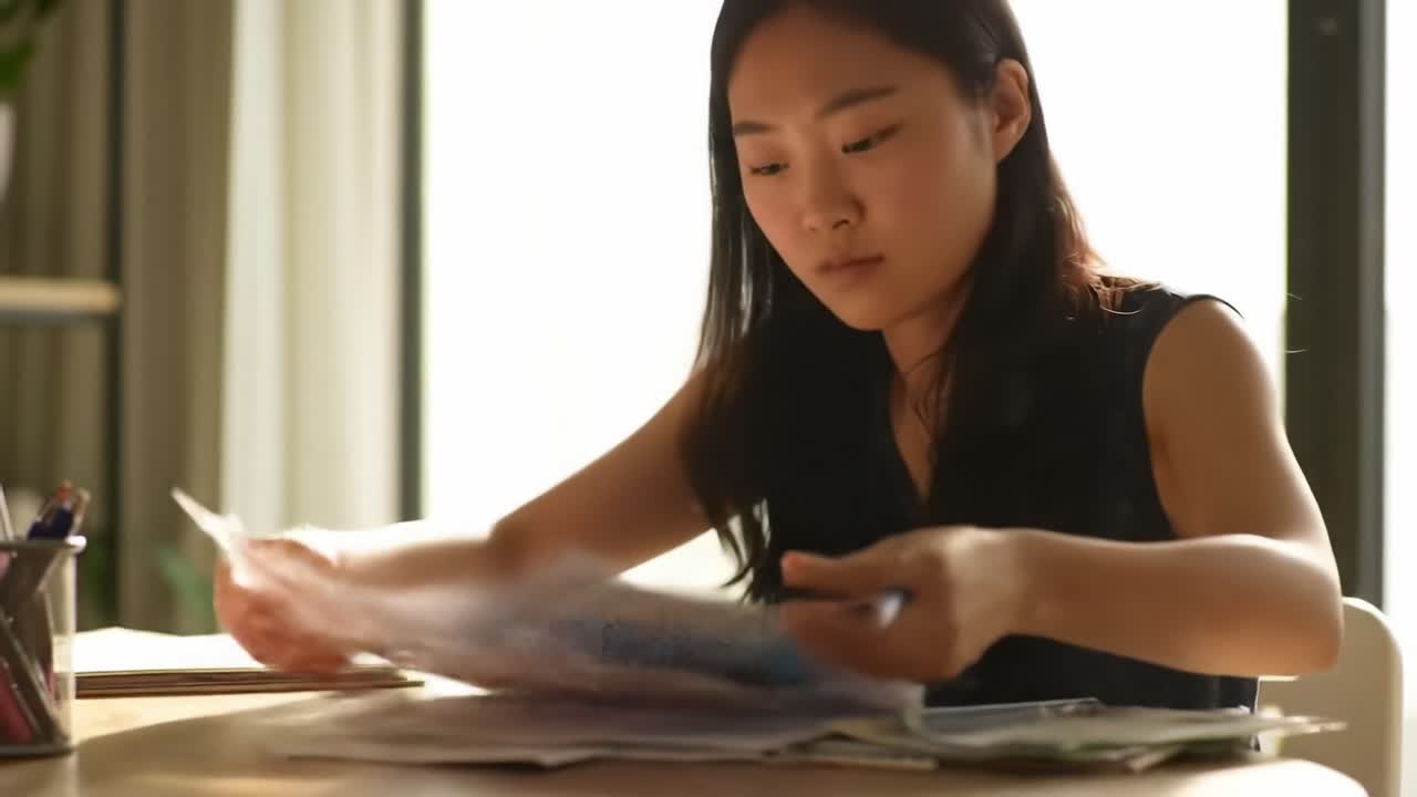 Focused Young Woman Organizing Documents at a Table in a Bright Room, Demonstrating Concentration and Attention to Detail while Managing Paperwork for Personal or Professional Use