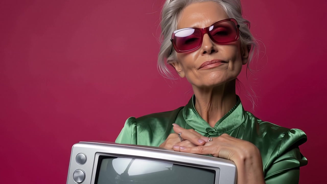 Elegant ældre kvinde med gråt hår og røde solbriller, der holder et vintage-TV