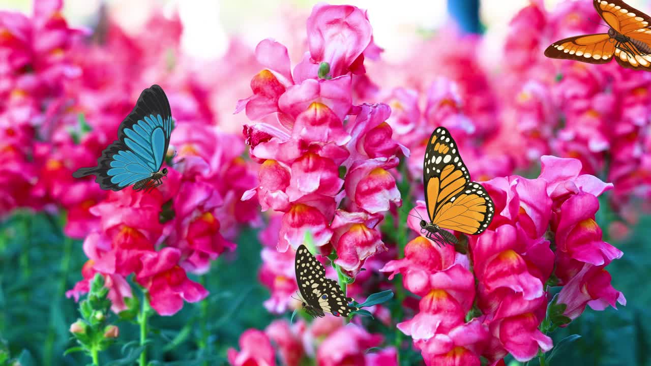 Colorful butterflies flutter gracefully around vivid pink flowers, creating a lively and enchanting garden scene