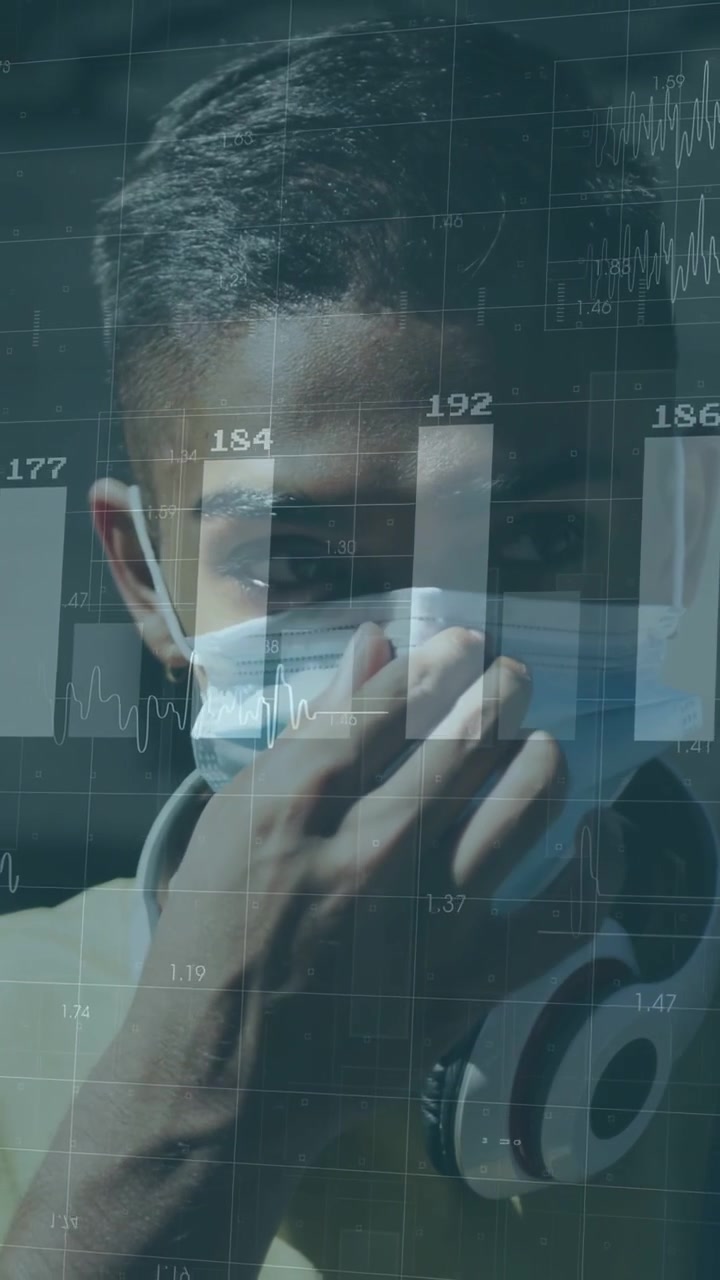 Video verticale: Grafici in sovrimpressione che appaiono gradualmente, esortando un uomo ad alzare la mascherina per coprire naso e bocca per la salute.