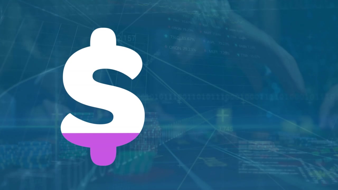 Animazione del simbolo del dollaro su elaborazione di dati finanziari