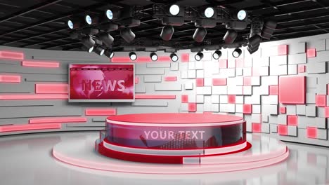 estudio de televisión. sala de noticias. fondo azul y rojo. toma general y de primer plano. estudio de noticias. trasfondo de estudio. bakground de la sala de prensa. el telón de fondo perfecto para cualquier producción de video de pantalla verde o chroma key. bucle. renderizado 3d