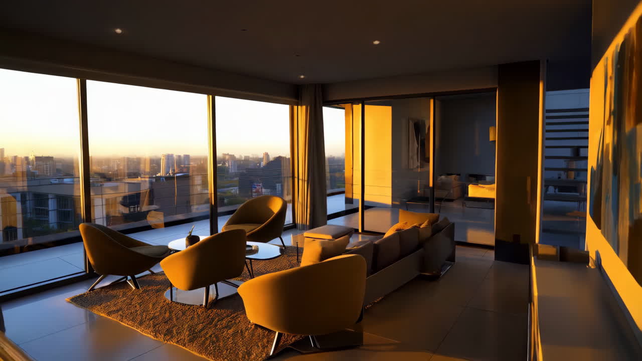 Modern Luxury Apartment Living Room with Panoramic City View at Sunset