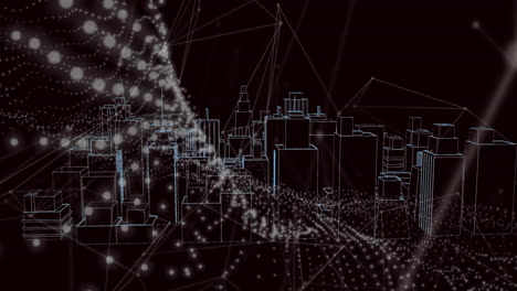 animación de la red de conexiones sobre el paisaje urbano en 3d