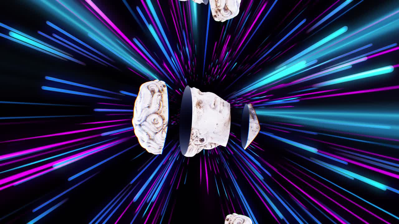 핑크색과 파란색 네온 조명 트레일 위에 고대 조각품의 애니메이션