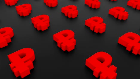 muchos signos de rublo en fondo negro, ilustración 3d, renderización por computadora