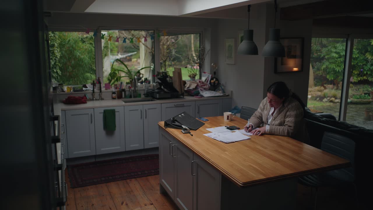 A middle-aged woman sits at a kitchen table sorting through financial documents, using a calculator and taking notes. A cozy home setting with natural light and a warm atmosphere.