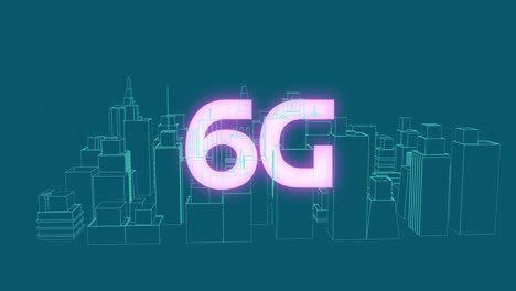 animación de texto brillante de 6g sobre un modelo de ciudad en 3d girando sobre un fondo azul