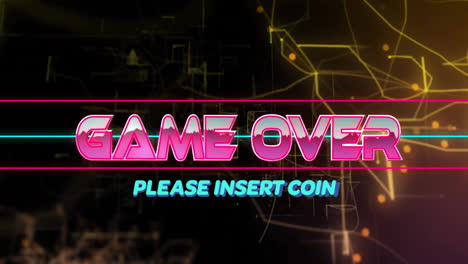 game over text animation over abstract digital background with please insert coin message
