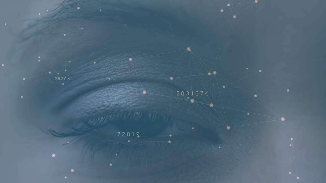 Animation of coordinates and connections over woman eye