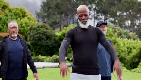 outdoor, stretching and elderly men with fitness