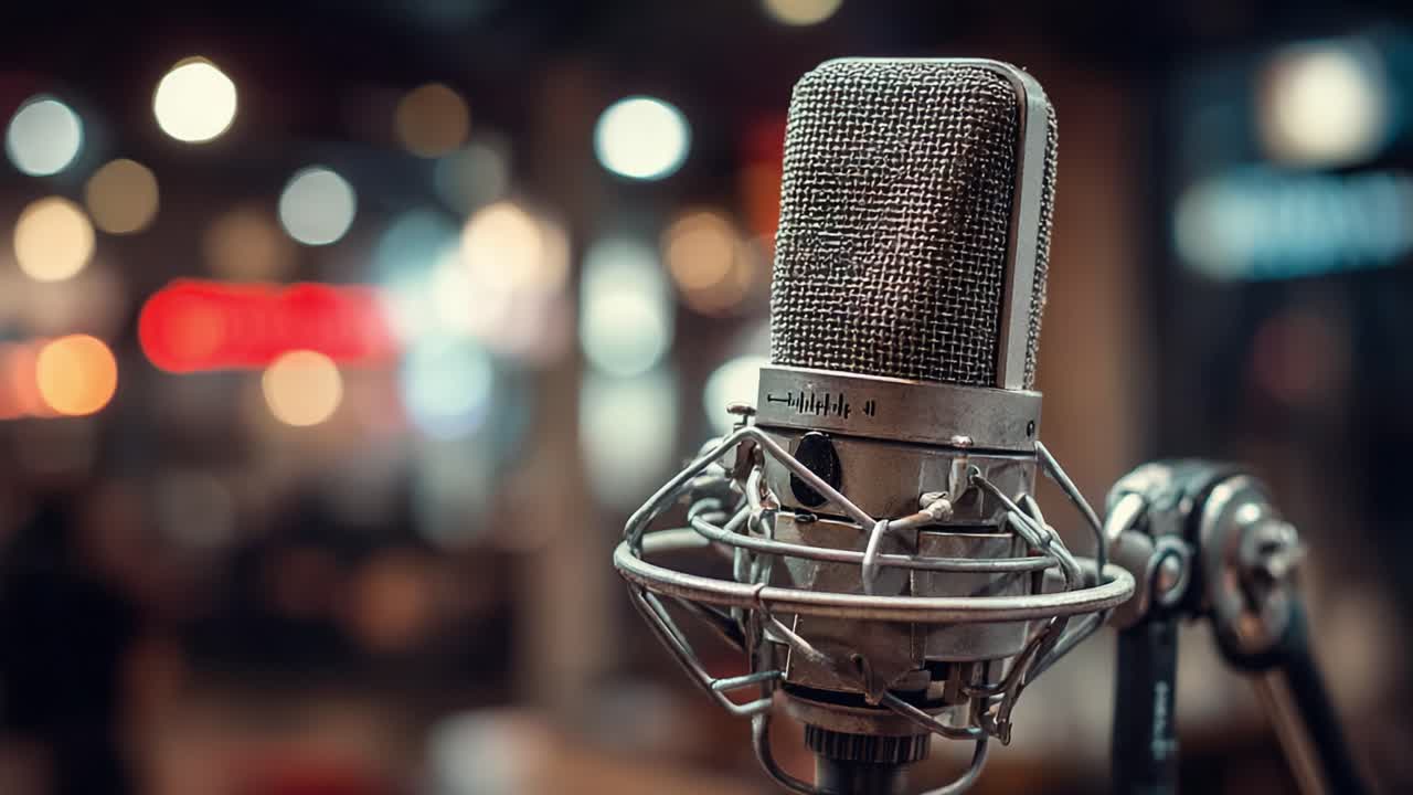Captivating Close-Up of a Vintage Microphone in Warm Ambient Lighting, Perfectly Capturing the Essence of Sound and Music Recording Environments