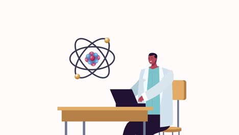 male scientist using laptop and atom molecule