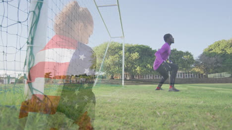 Practicing goalkeeping, child in soccer attire with American flag animation backdrop