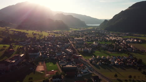 Slow-ascending-flight,-opening-shot-of-the-outskirts-of-Lucern,-Switzerland