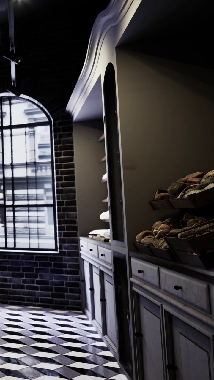 Interno di una panetteria moderna con scaffali e pane in esposizione in città