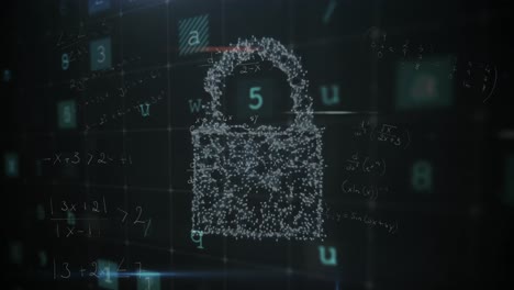 Animación-Del-Icono-Del-Candado-De-Seguridad,-Ecuaciones-Matemáticas-Y-Procesamiento-De-Datos-De-Seguridad-Cibernética