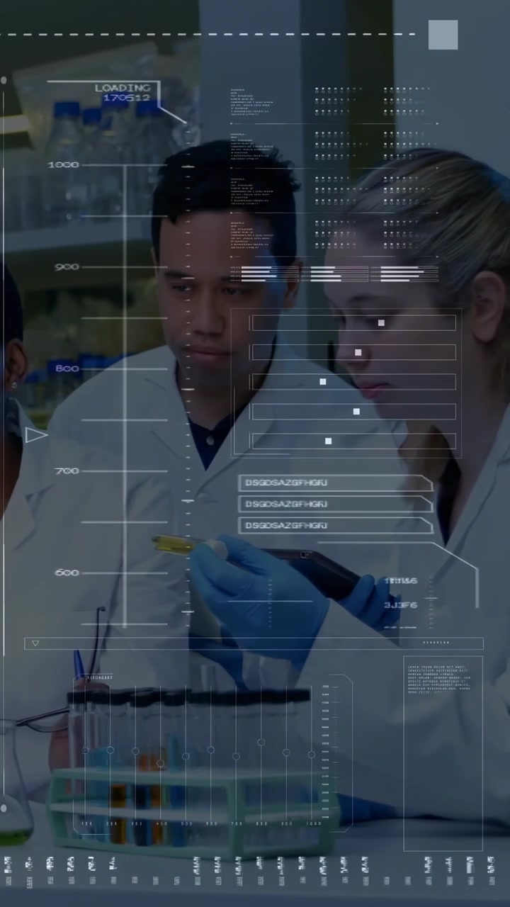Vertical video: Camera panning, researcher lifting tube and inspecting sample for analysis with HUD