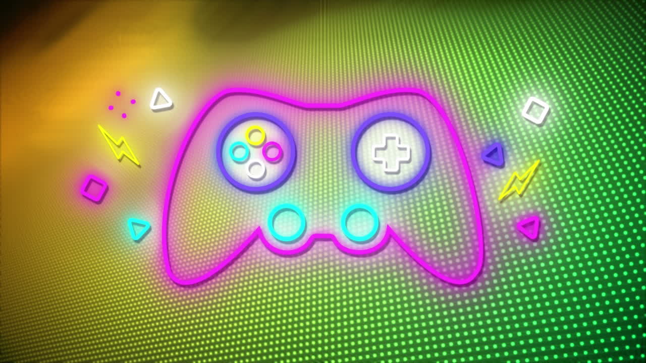 노란색과 초록색 배경 위에 네온 조이 패드의 애니메이션