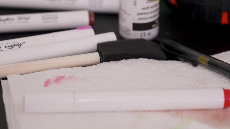 Extreme close up of various supplies for making art.