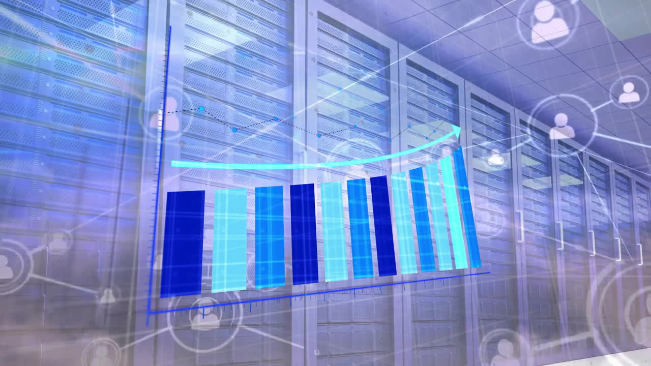 Animation of network of connections with icons over computer servers