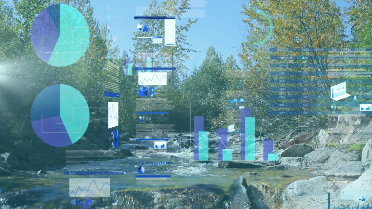 Animation of data processing, stock market and diagrams over landscape