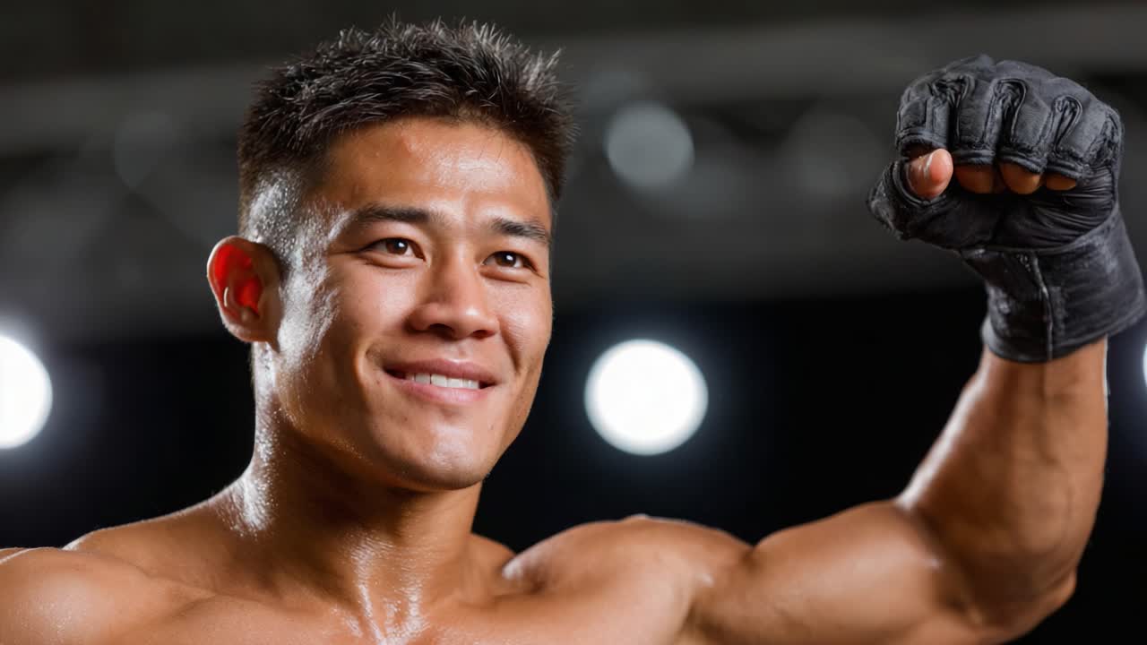 Celebrating Victory: A Martial Artist with a Confident Smile Raises His Fist in Triumph After a Hard-Fought Match, Embodying Determination and Strength