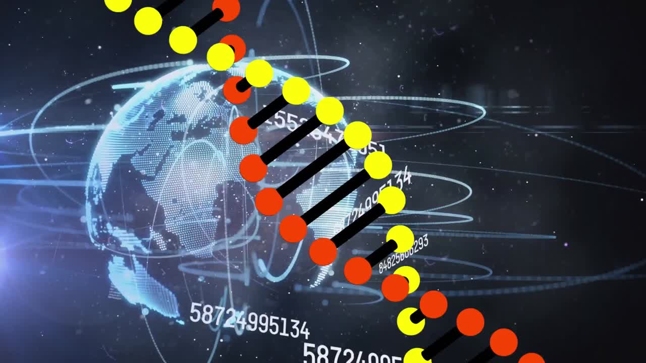 анимация обработки данных с нитью днк на глобусе на черном фоне.